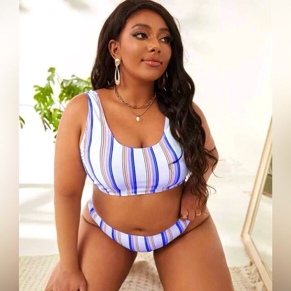Shein Plus Striped High Waisted Bikini Swimsuit - Picture 1 of 4